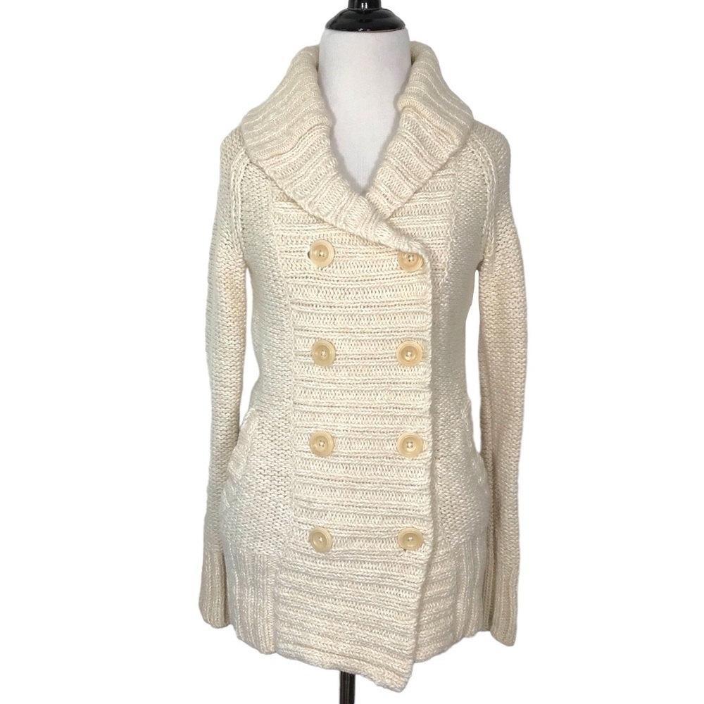 Gap Cream Double Breasted Lambs Wool Cotton Blend Knit Sweater Size XS Pockets